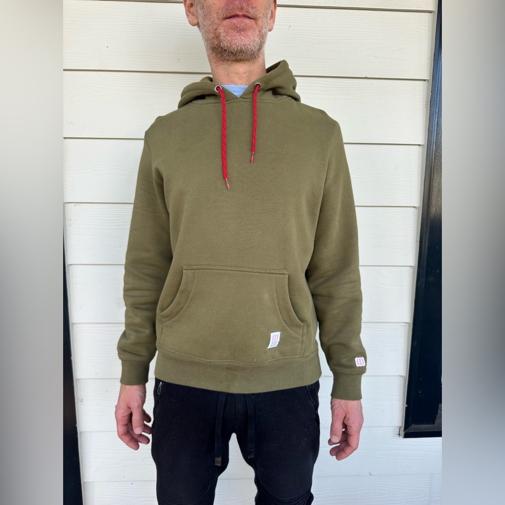 Topo Designs Men’s Olive Green Hoodie with Red Drawstrings Small